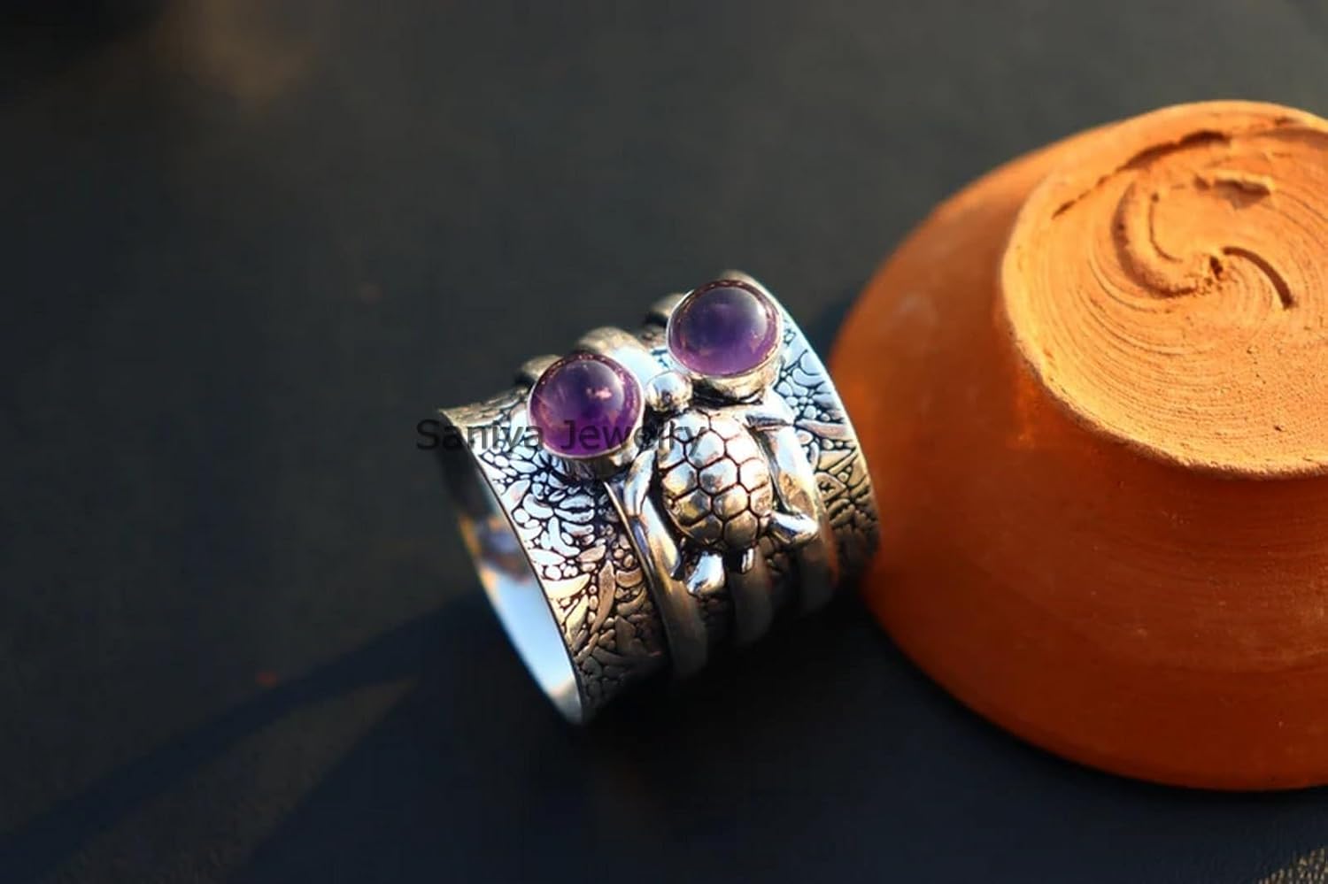Purple Amethyst Double Round Gemstone Turtle Unique Design Spinner Ring, Solid 925 Sterling Silver Thumb Ring Wide Band Ring, Handmade Beautiful