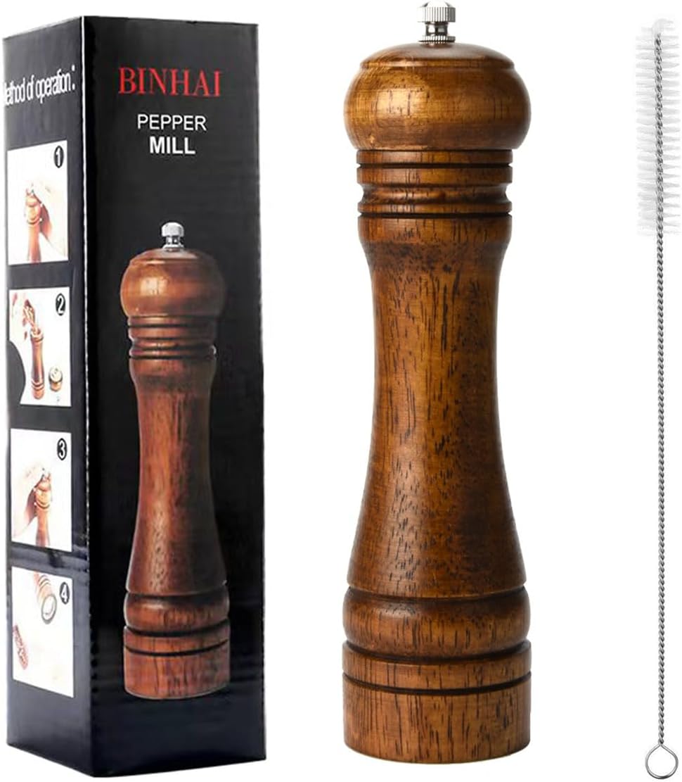 BINHAI Molinillo de pimienta de madera, molinillo de pimienta, molinillos manuales sólidos con molinillos de cerámica ajustables fuertes, juego de 8