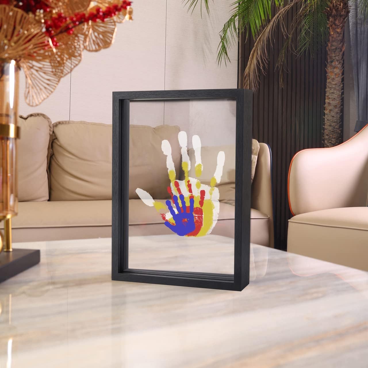 Kit de huellas de manos familiares, marco de madera de recuerdo para manualidades, juego de regalo sin fin, pinturas no tóxicas, hojas transparentes