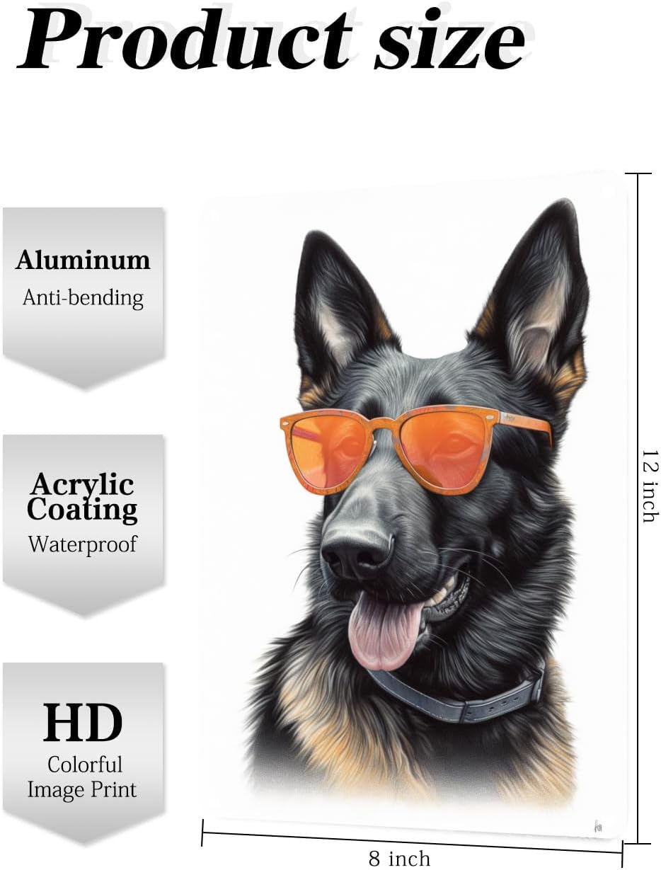 Cartel de metal con diseño de pastor alemán con gafas naranjas para el hogar, baño, decoración de animal, cueva de hombre, decoración de pared