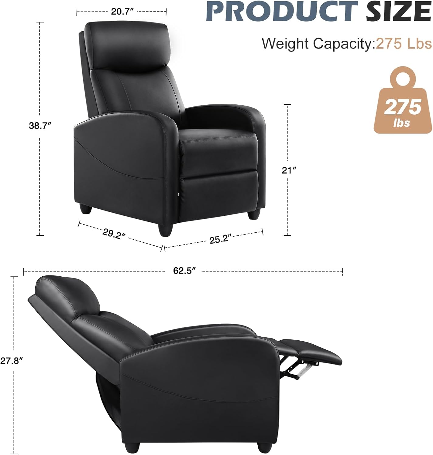 Sweetcrispy Silla reclinable para adultos, asiento reclinable pequeño de piel sintética para cine en casa con soporte lumbar, silla reclinable