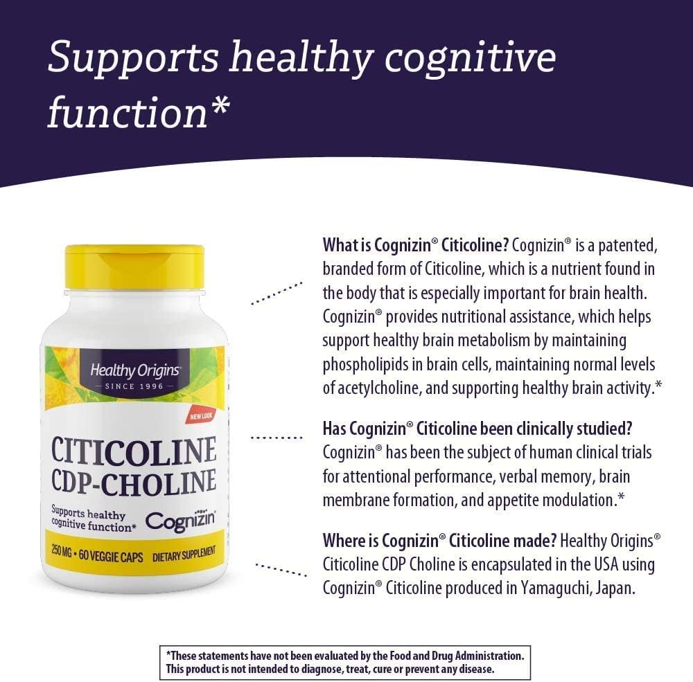 Healthy Origins Citicoline CDP Colina 250 mg (Cognizin, sin OMG, sin gluten, apoyo cognitivo), 60 cápsulas vegetales