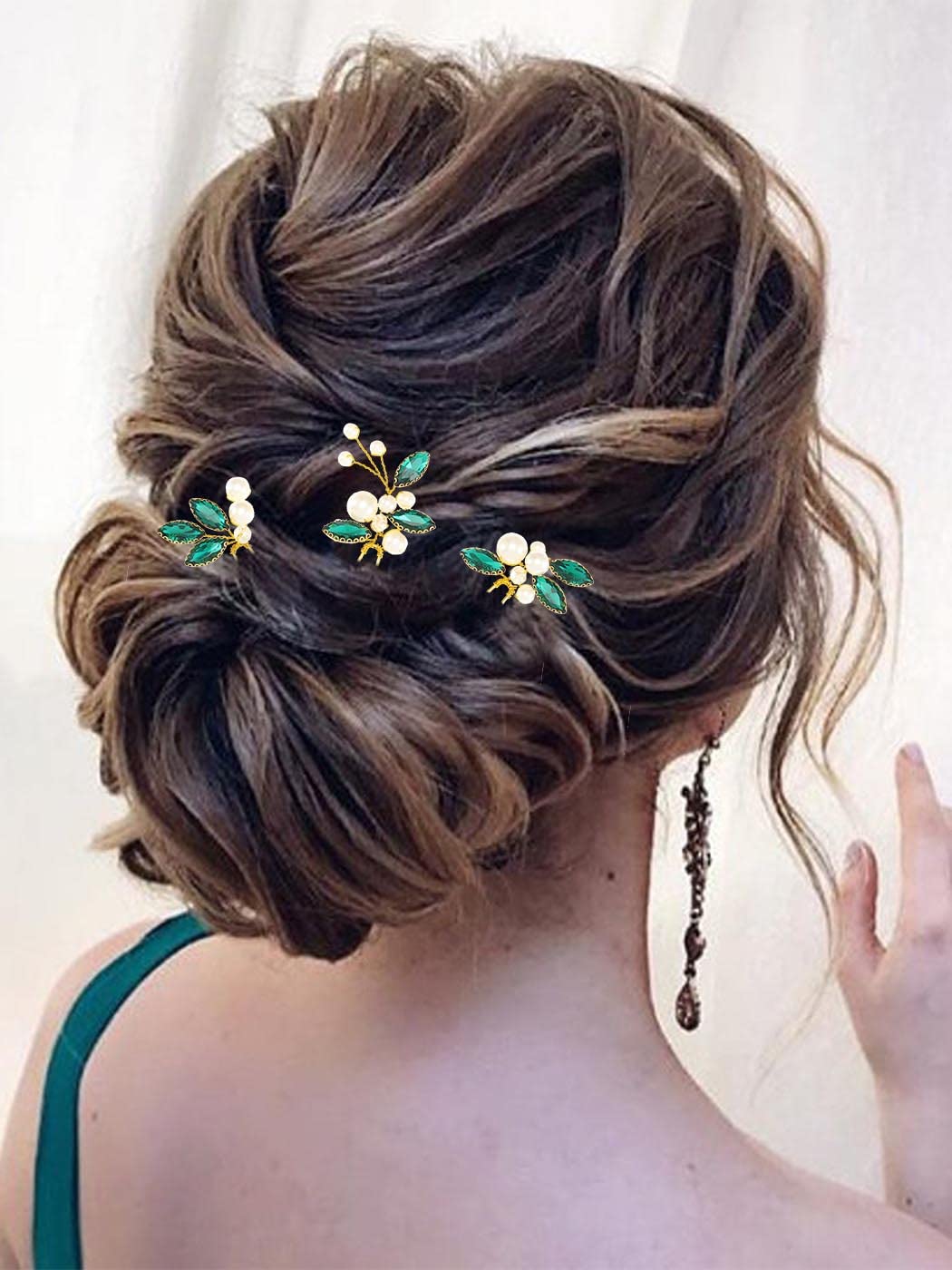 Casdre Horquillas para el pelo de perlas doradas y verdes con diamantes de imitación para novias, accesorios para el cabello de boda para mujeres y