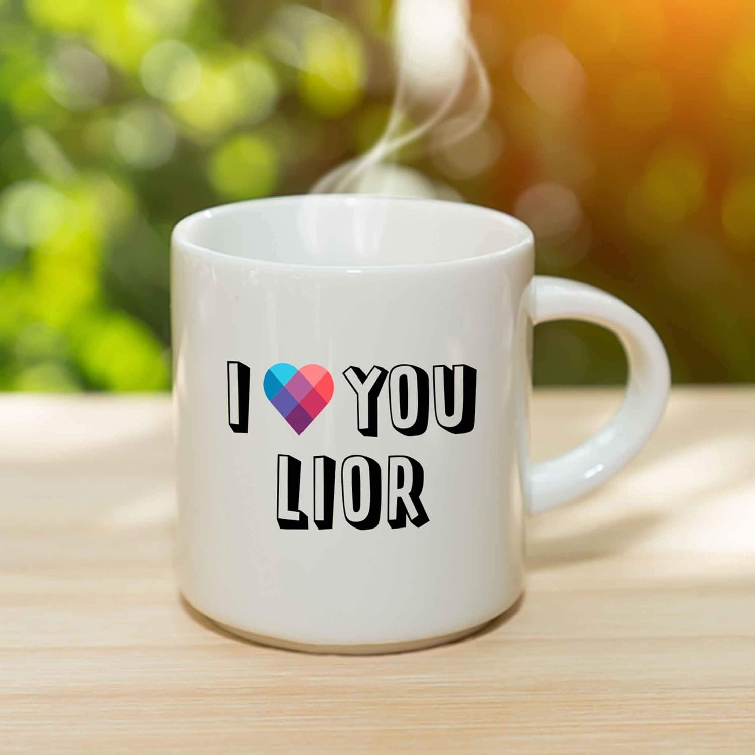Taza de café con texto “I Love You Lior”