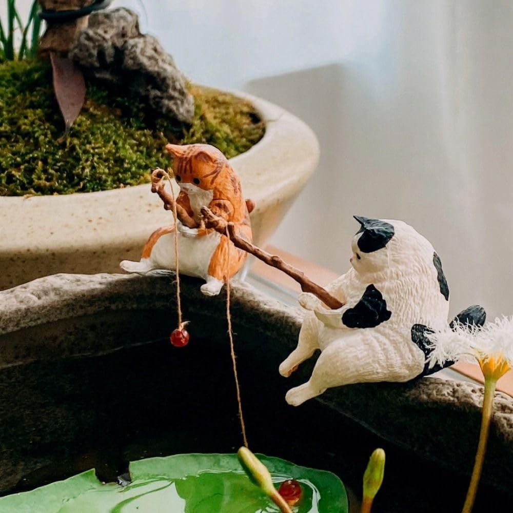 Figura de pesca de gato, mini linda estatua de gato, decoración de pecera, adornos para acuario, figuras en miniatura, estatuas de animales, adornos