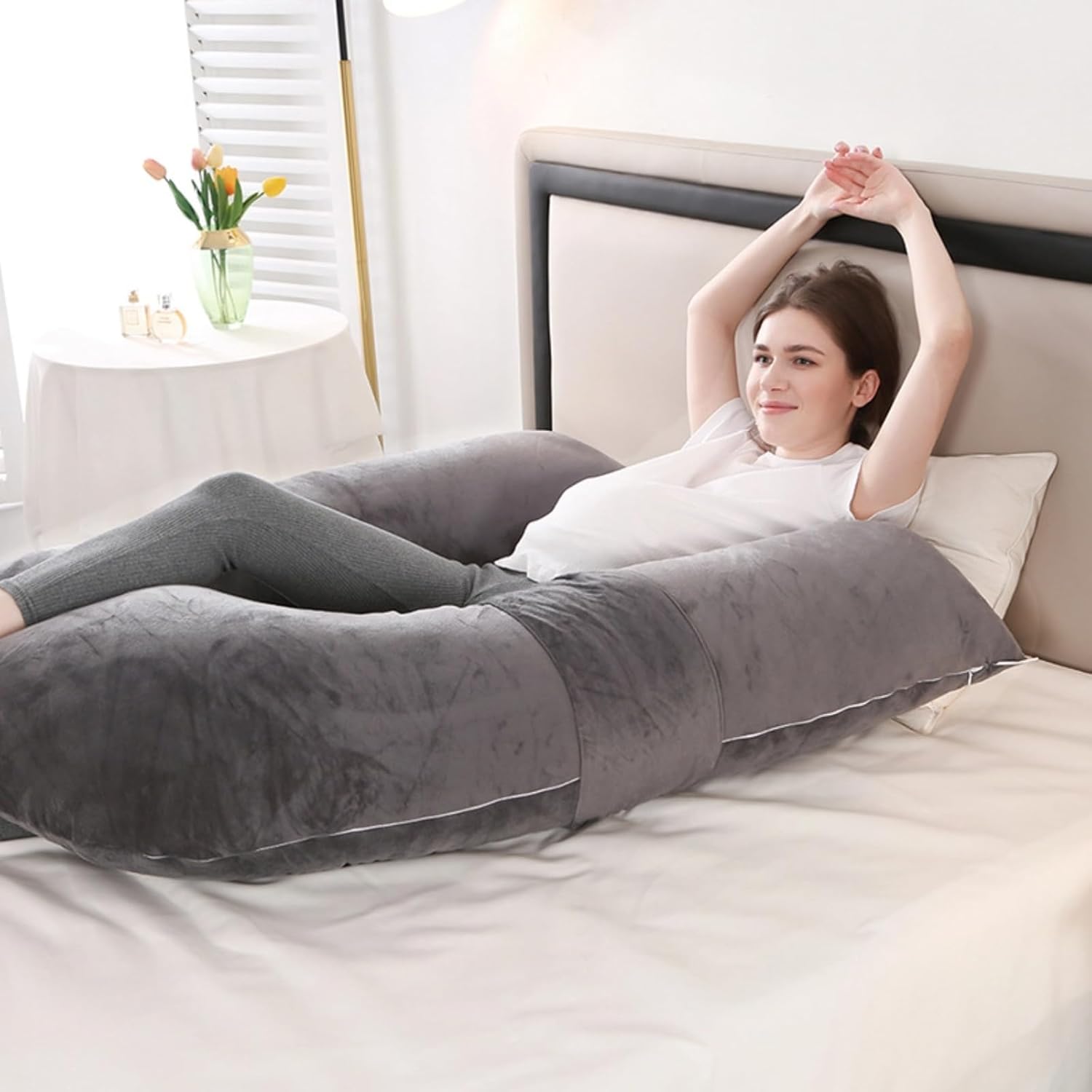 Almohadas de embarazo para dormir, almohada de cuerpo completo en forma de arqueada para mujeres embarazadas, almohada de embarazo suave con funda
