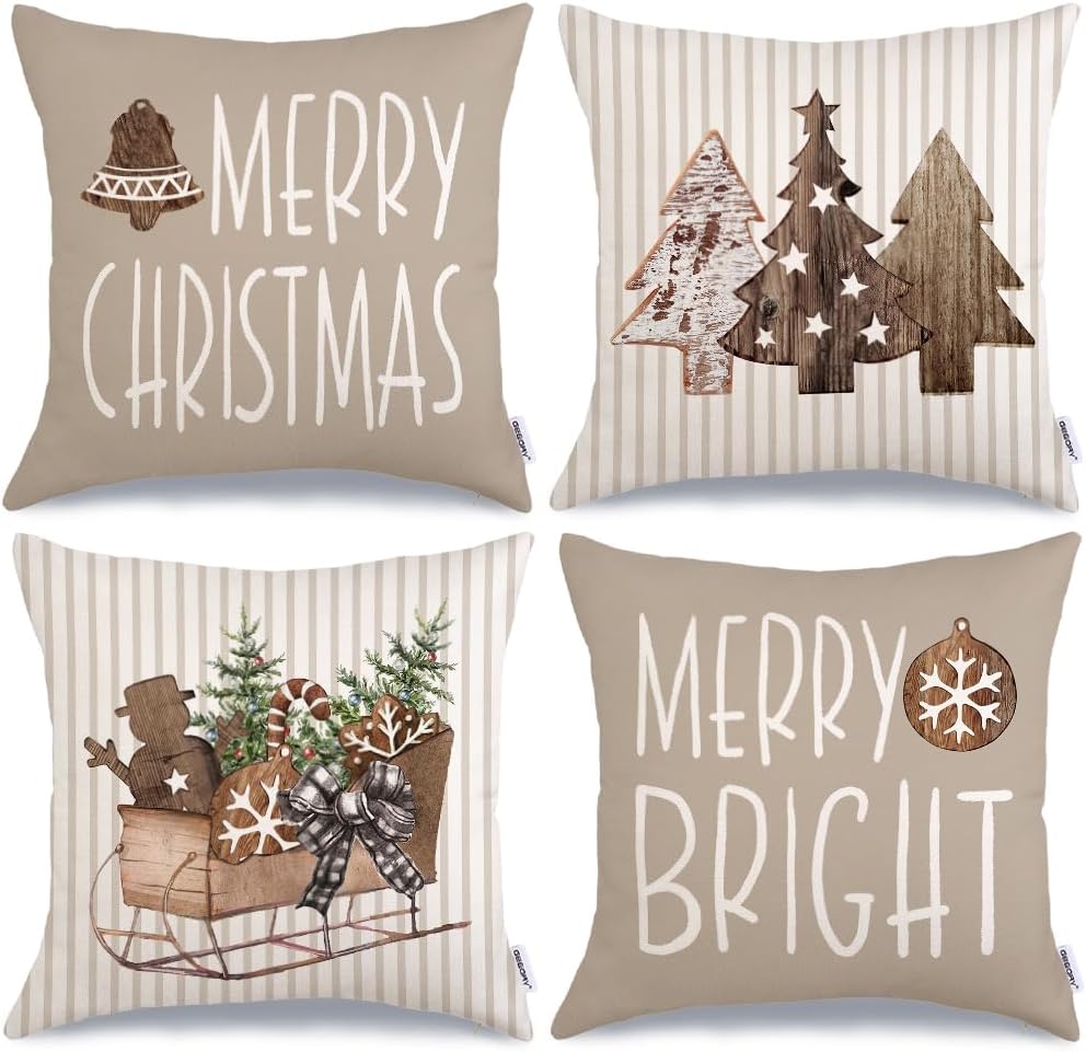 Juego de 4 fundas de almohada de Navidad de 18 x 18 pulgadas, diseño de árbol de madera a rayas, trineo de nieve, decoración de Navidad, decoración