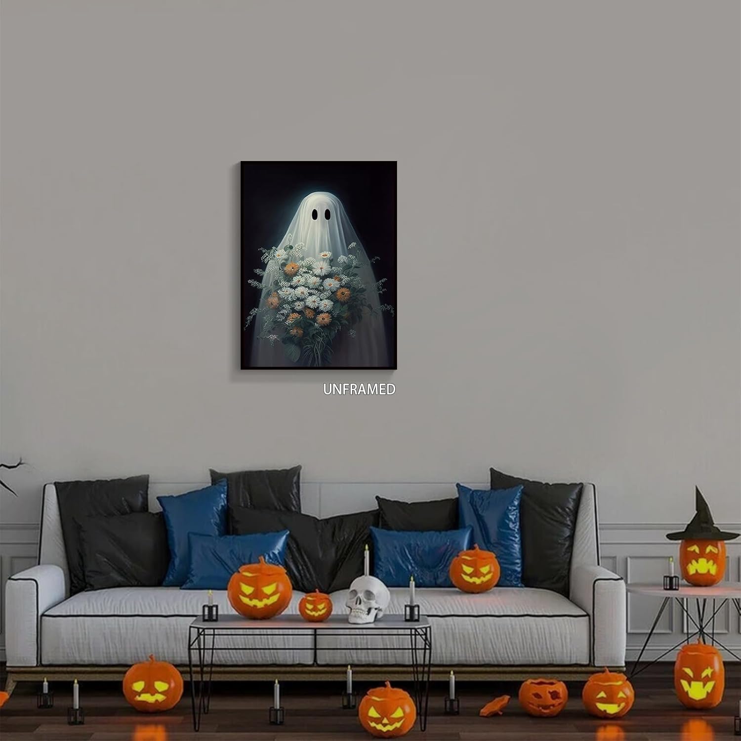 Wodkodnxy Lienzo decorativo para pared de fantasmas de Halloween, divertido póster de fantasmas lindos sosteniendo flores, Academia oscura