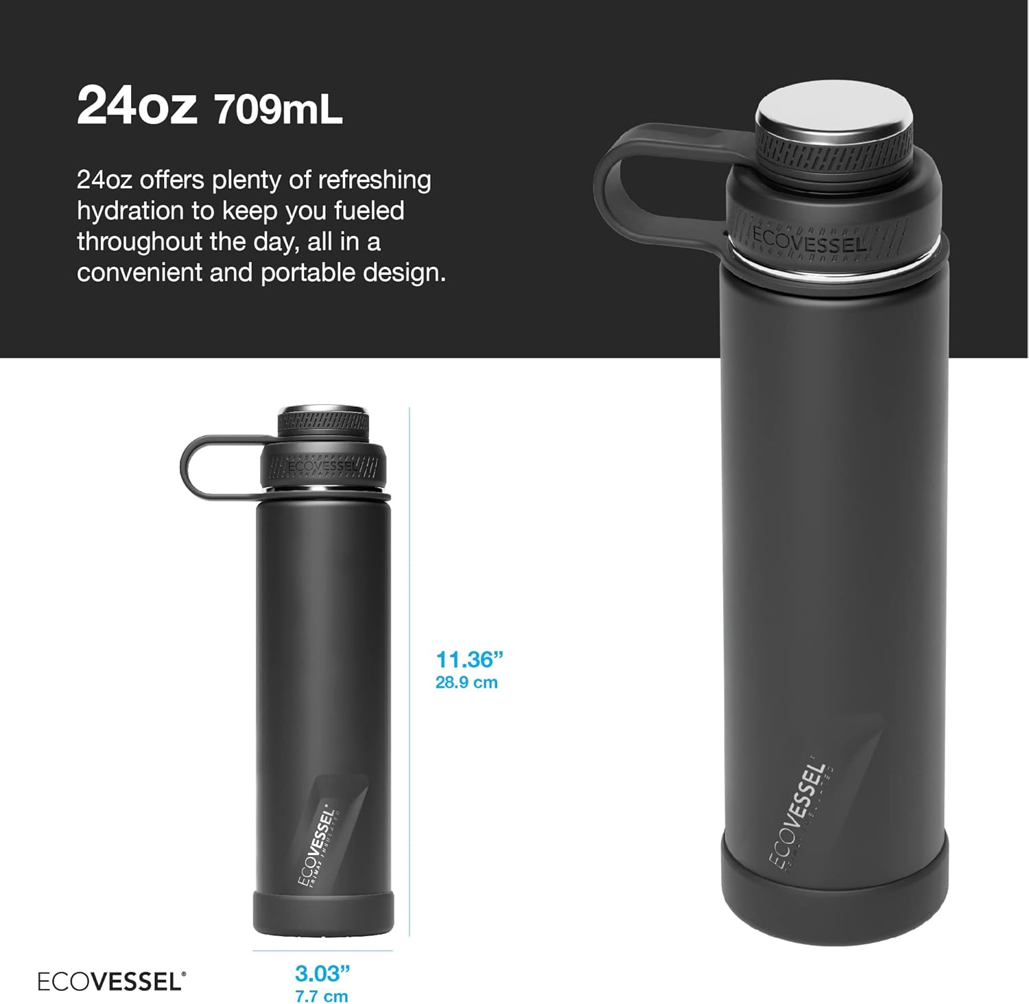 EcoVessel Botella de agua de acero inoxidable con tapa doble aislada, botella de agua aislada con colador y parachoques de botella de silicona, taza
