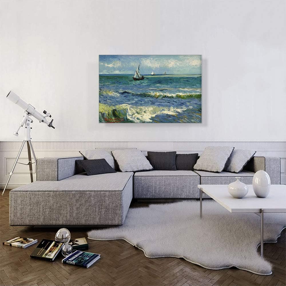 ARTCANVAS Vincent Van Gogh – Lienzo decorativo con texto en inglés The Sea at Les Saintes-Maries, 1888, pintura enmarcada y estirada, póster para