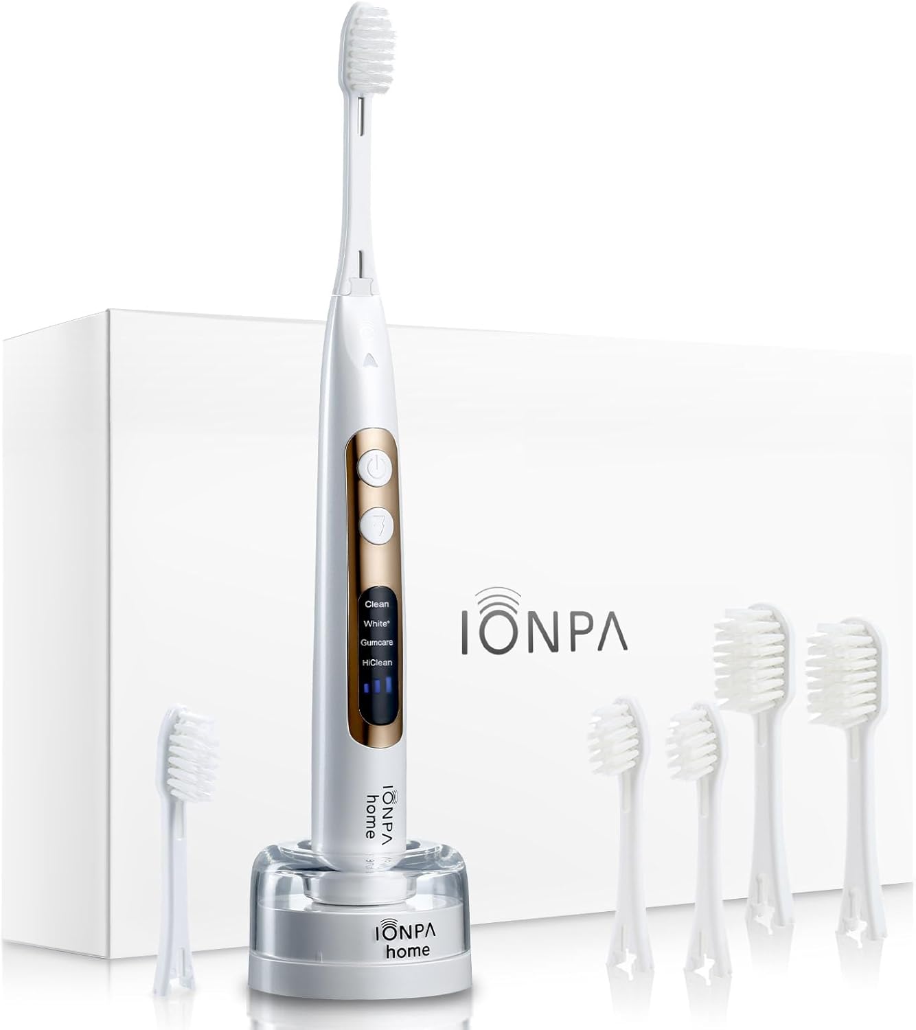 IONIC KISS IONPA DP – Cepillo de dientes eléctrico de alimentación iónica recargable por USB, 2 x regular, 2 x anchos, 2 cabezales de cepillo