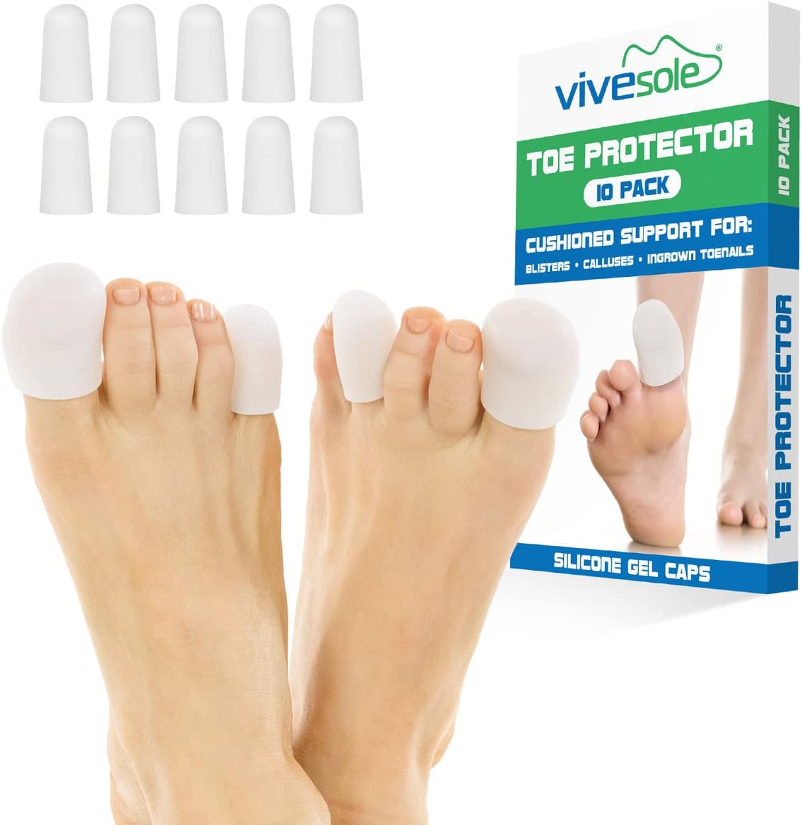 ViveSole Protectores de dedos de gel suave para hombres y mujeres, (10 unidades) para aliviar el dolor de pies, fundas acolchadas flexibles para