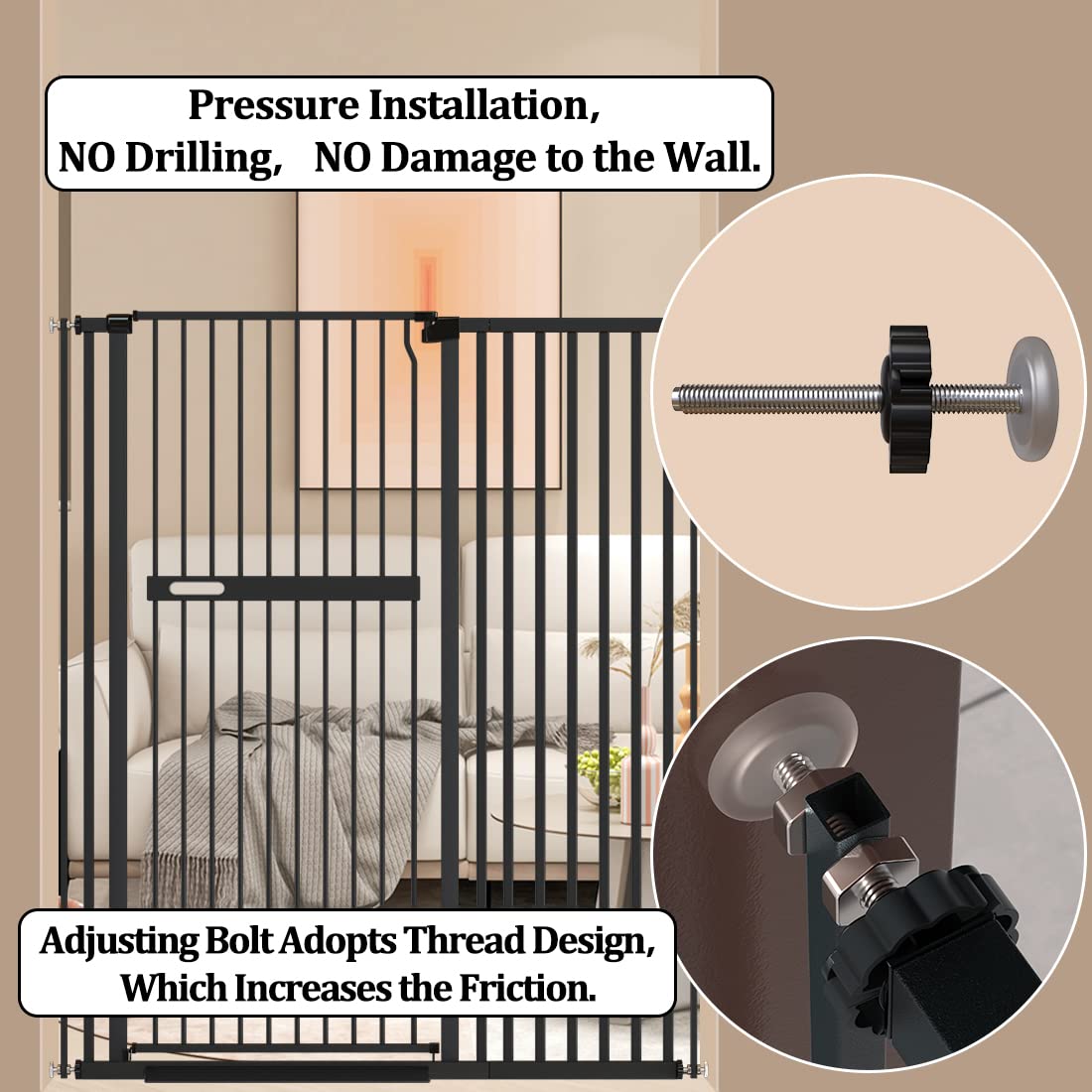 WAOWAO Puerta extra alta de 55.11 pulgadas para gatos y mascotas, 33.07-36.22 pulgadas de ancho, con cierre automático, seguridad de metal negro,