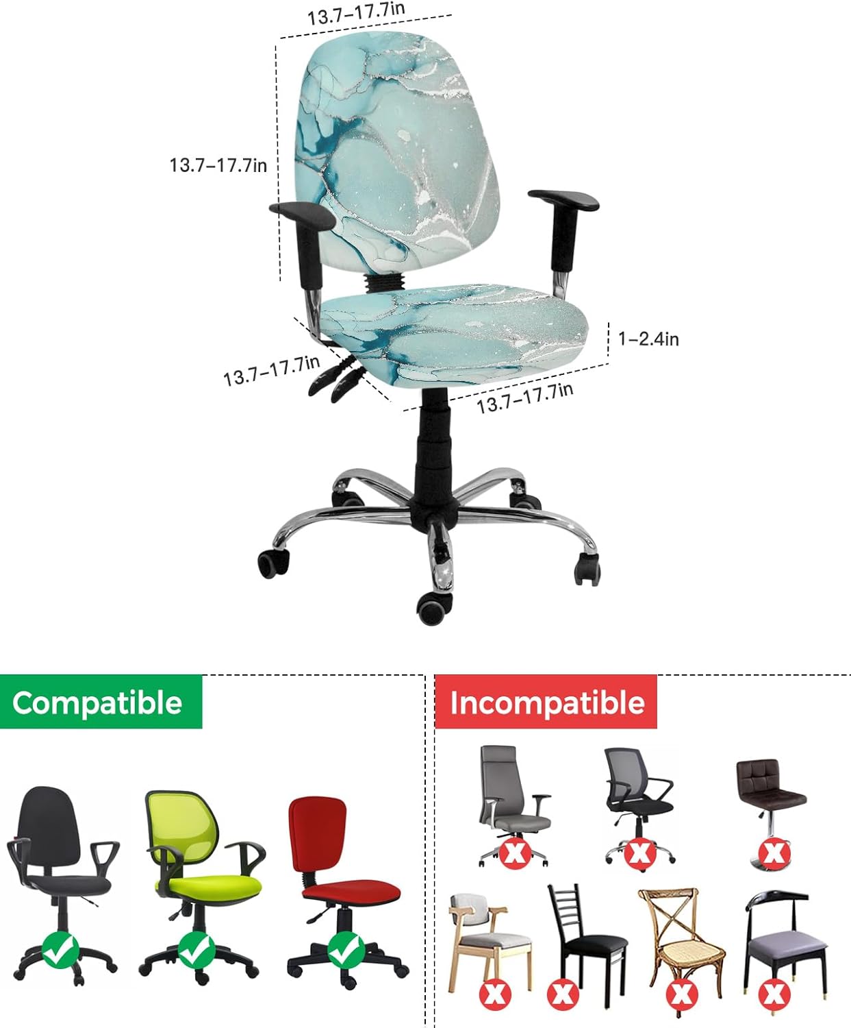 Funda para silla de oficina con diseño de mármol verde azulado, turquesa, azul aguamarina, textura de mármol, funda elástica giratoria para silla,