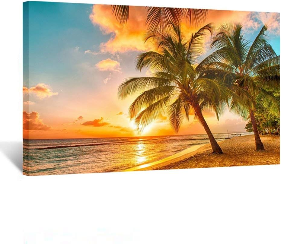 KREATIVE ARTS Lienzo grande para decoración del hogar, puesta de sol, paisaje marino, playa de coco, pintura moderna, arte de pared, lienzo