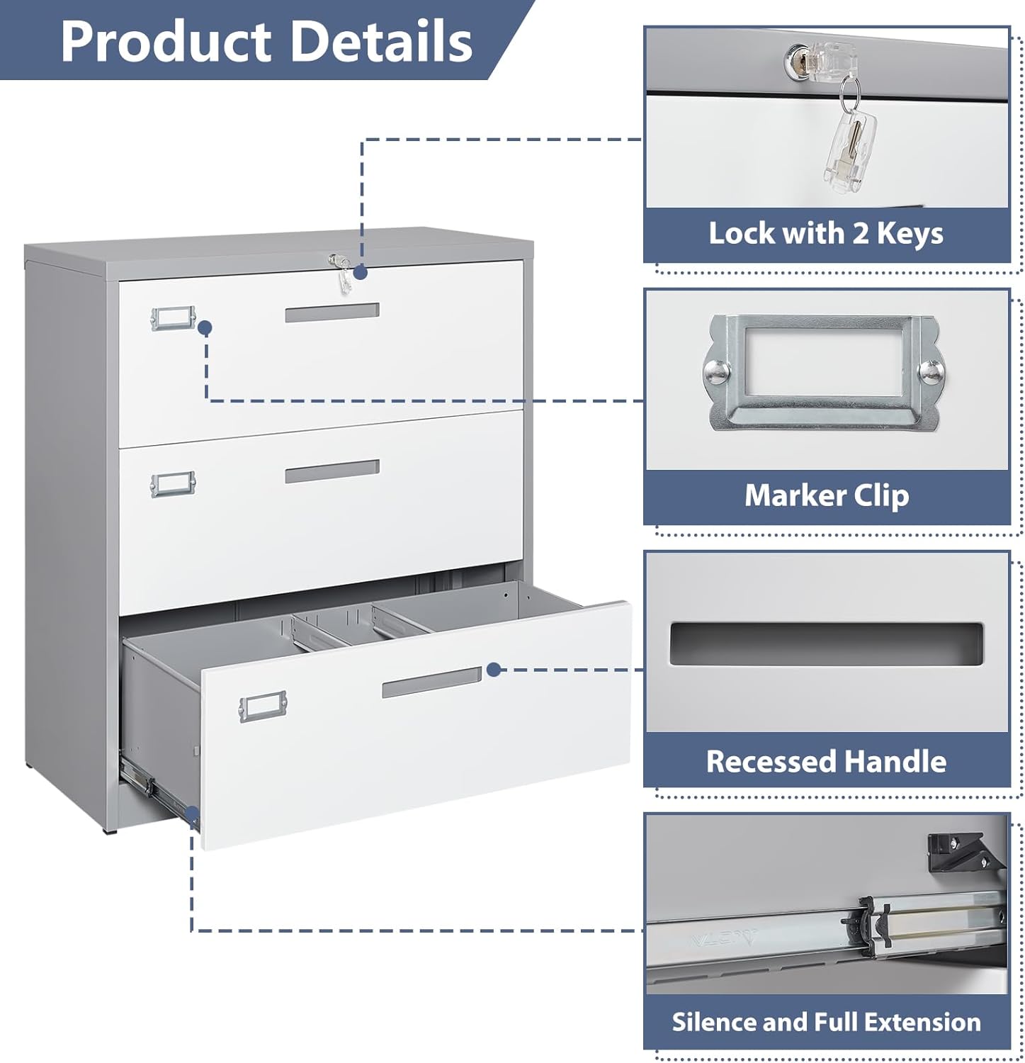 Archivador lateral con cerradura, archivador de almacenamiento de metal de 3 cajones para colgar archivos, tamaño cartalegalF4A4, archivador