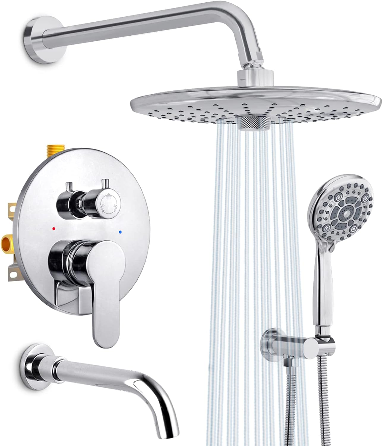 SR SUN RISE Juego de grifo de bañera y ducha de 10 pulgadas, sistema de ducha montado en la pared con boquilla de bañera, cabezal de ducha de lluvia