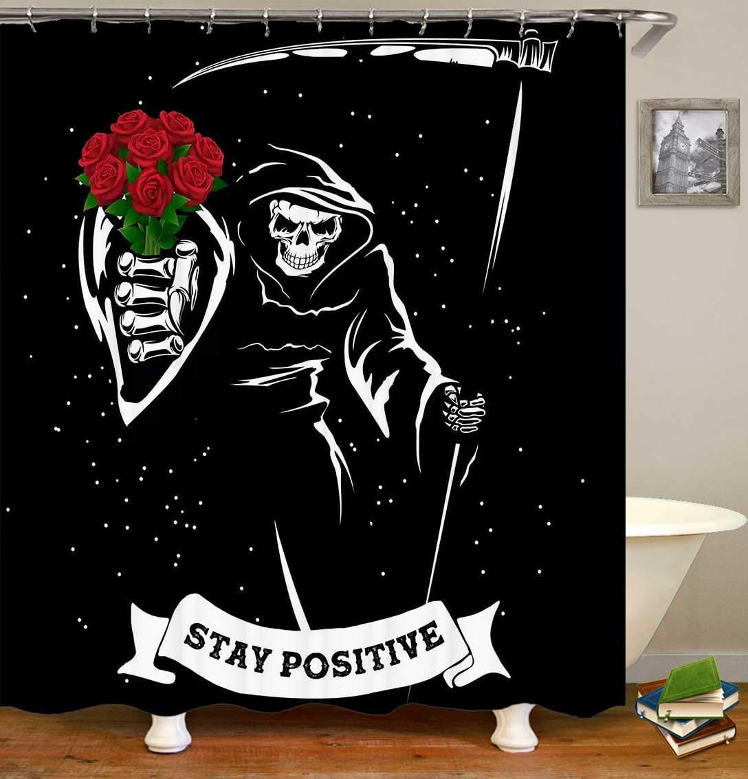 Jayden Madge – Juego de 4 cortinas de ducha con diseño de calavera, citas positivas, esqueleto de la muerte en blanco y negro, ramo de rosas rojas,