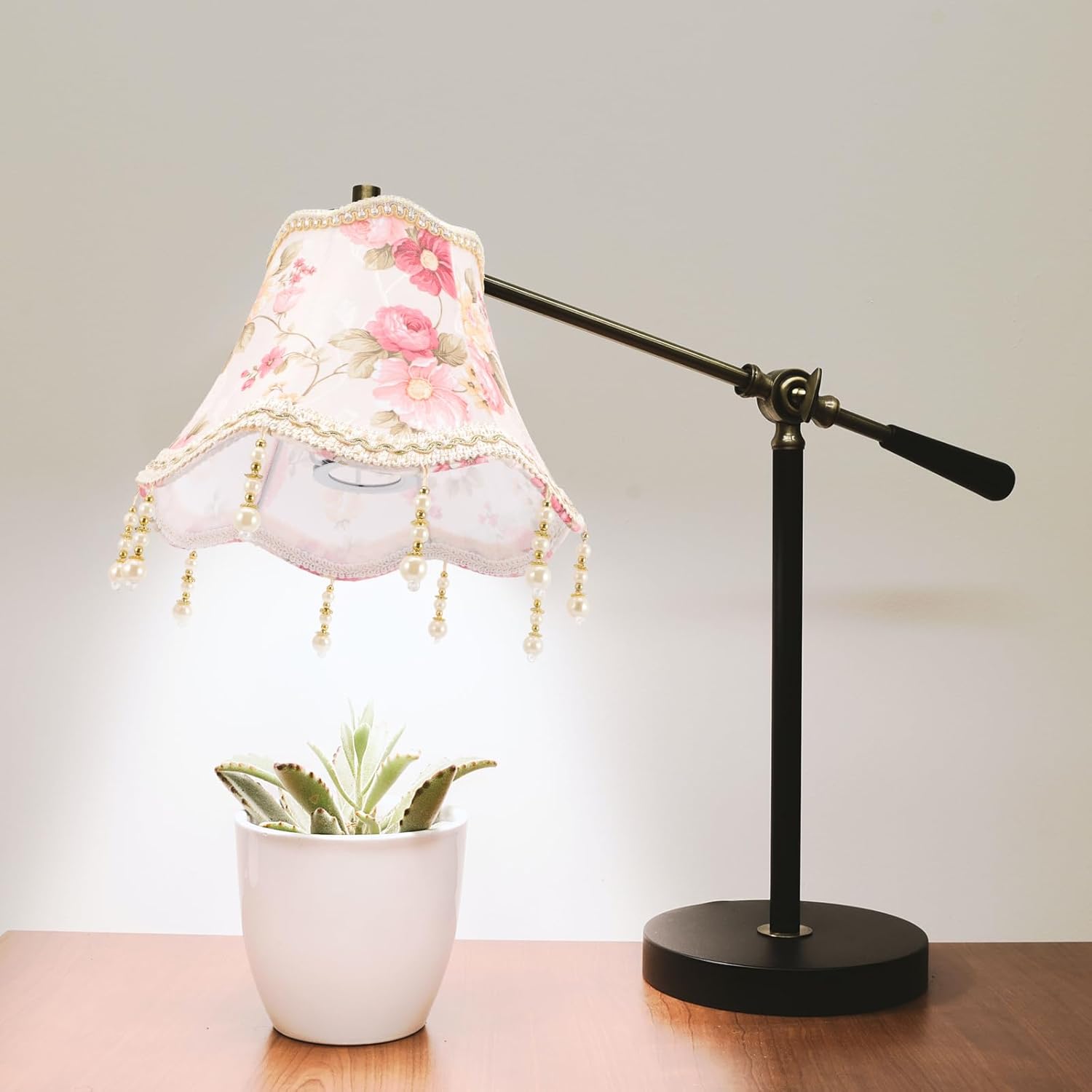 Pantalla romántica E27 macramé cubierta de lámpara de tela floral colgante de mesa, color rosa (9.8 x 7.0 pulgadas)