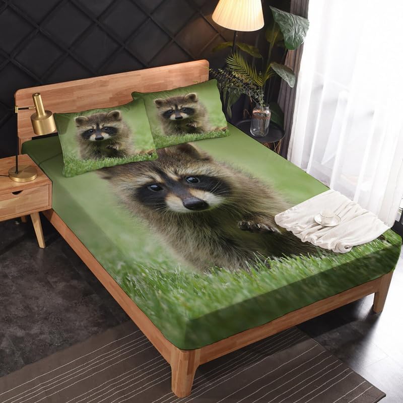 Sábanas de mapache tamaño Queen  Preciosos juegos de sábanas y fundas de almohada  Lujoso 100% microfibra, estampado de alta cantidad de hilos,