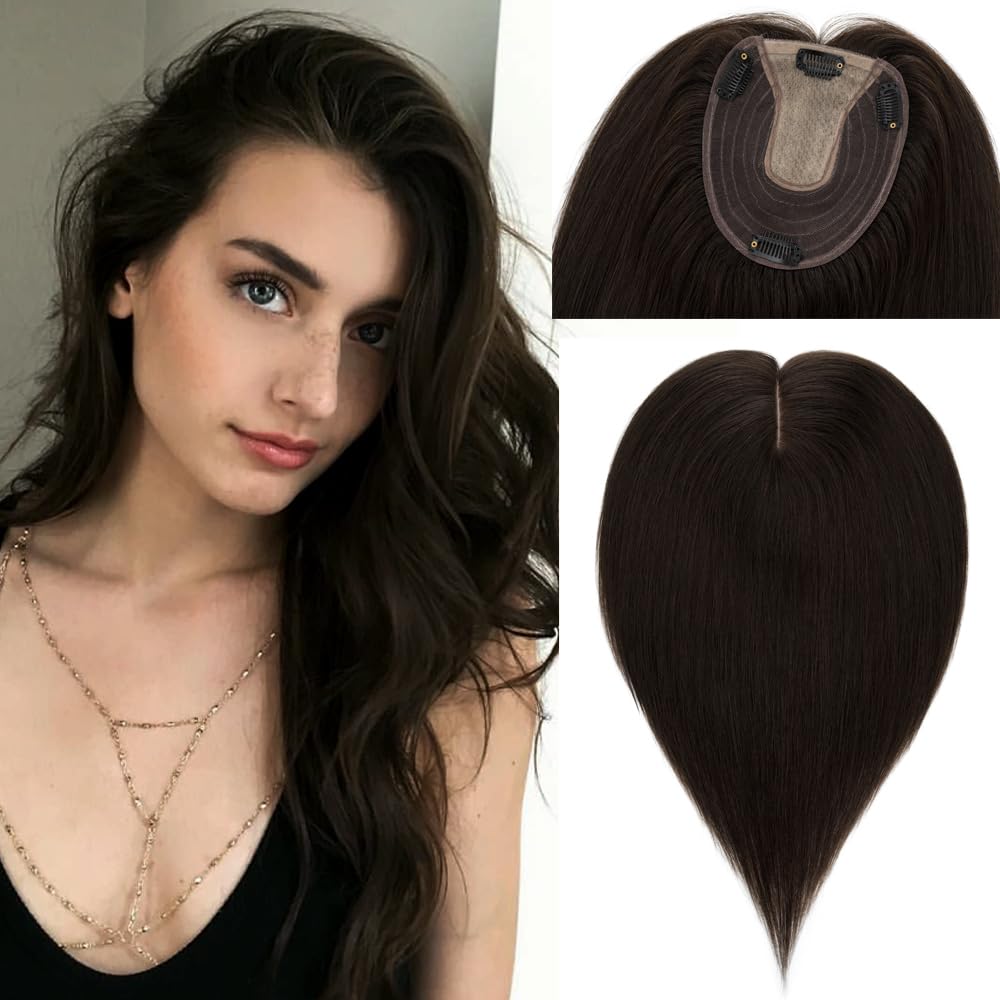 Rich Choices Toppers para el cabello para mujer, 100% cabello humano real, sin flequillo, 5.1 x 5.9 in, base de seda, clip en la parte superior de
