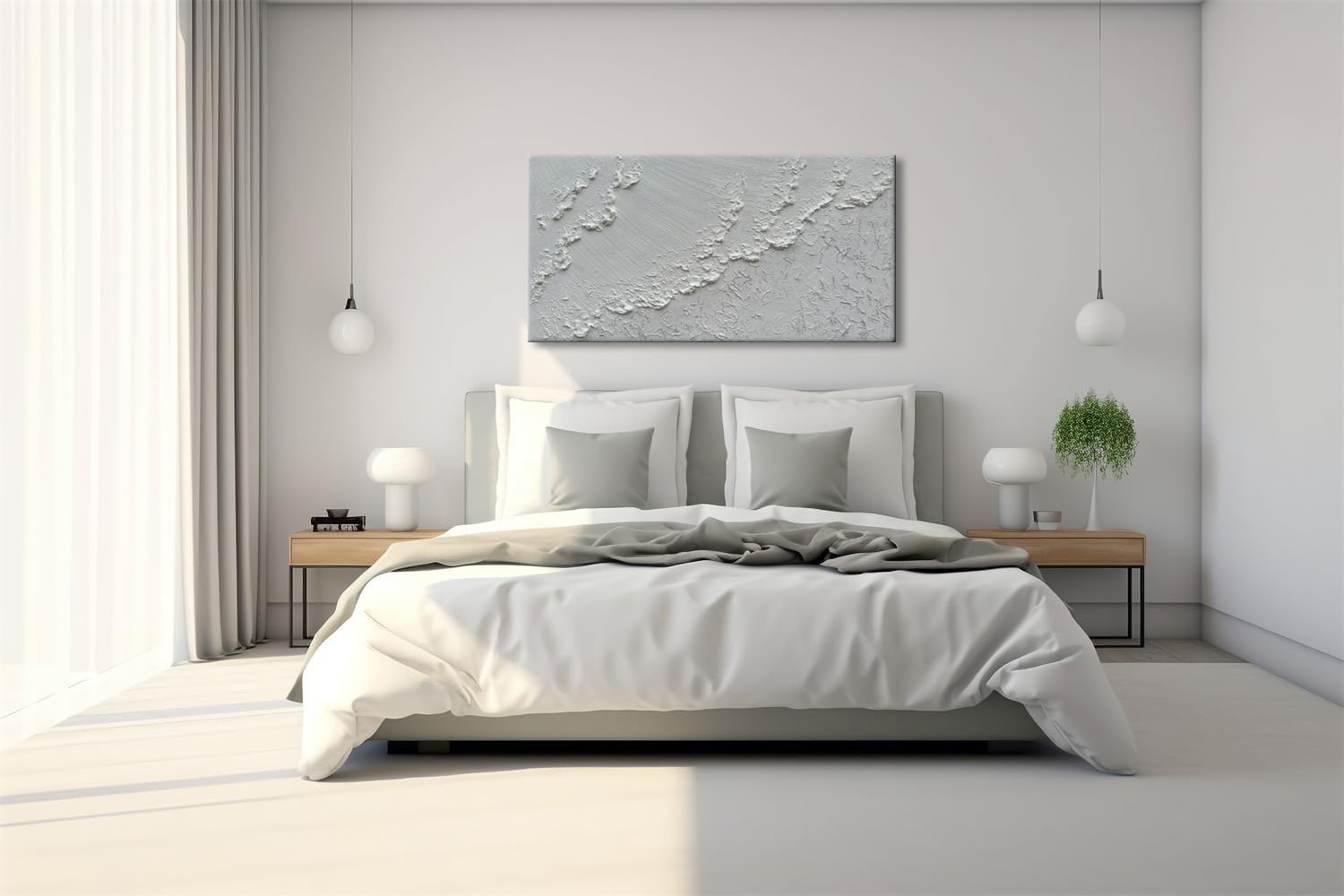 Slyart Pintura blanca 3D para pared, pintura abstracta de olas de mar, 24 x 48 pulgadas, pintura decorativa texturizada de arena de cuarzo sobre