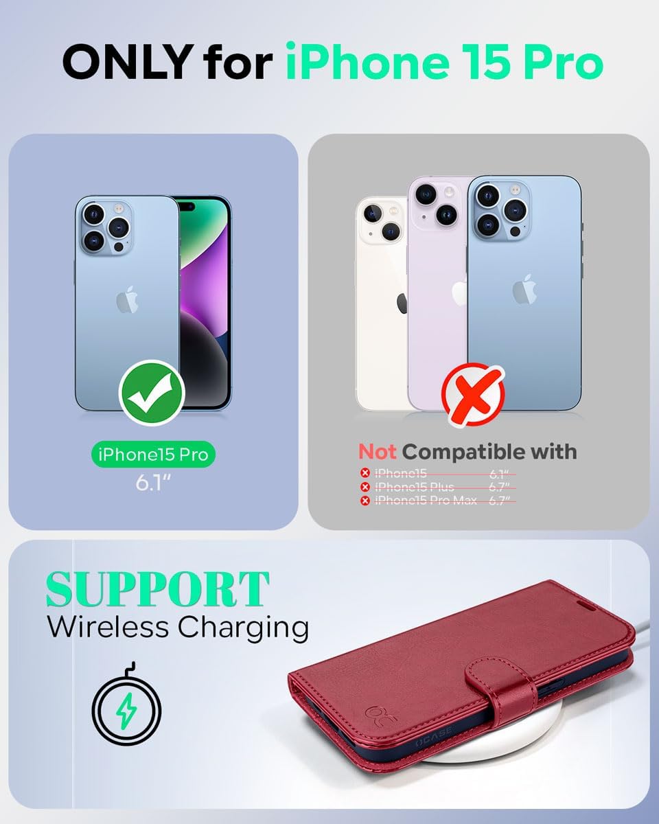 OCASE Funda tipo cartera compatible con iPhone 15 Pro, de piel sintética, con tarjetero, bloqueo RFID, soporte para teléfono carcasa interior de TPU