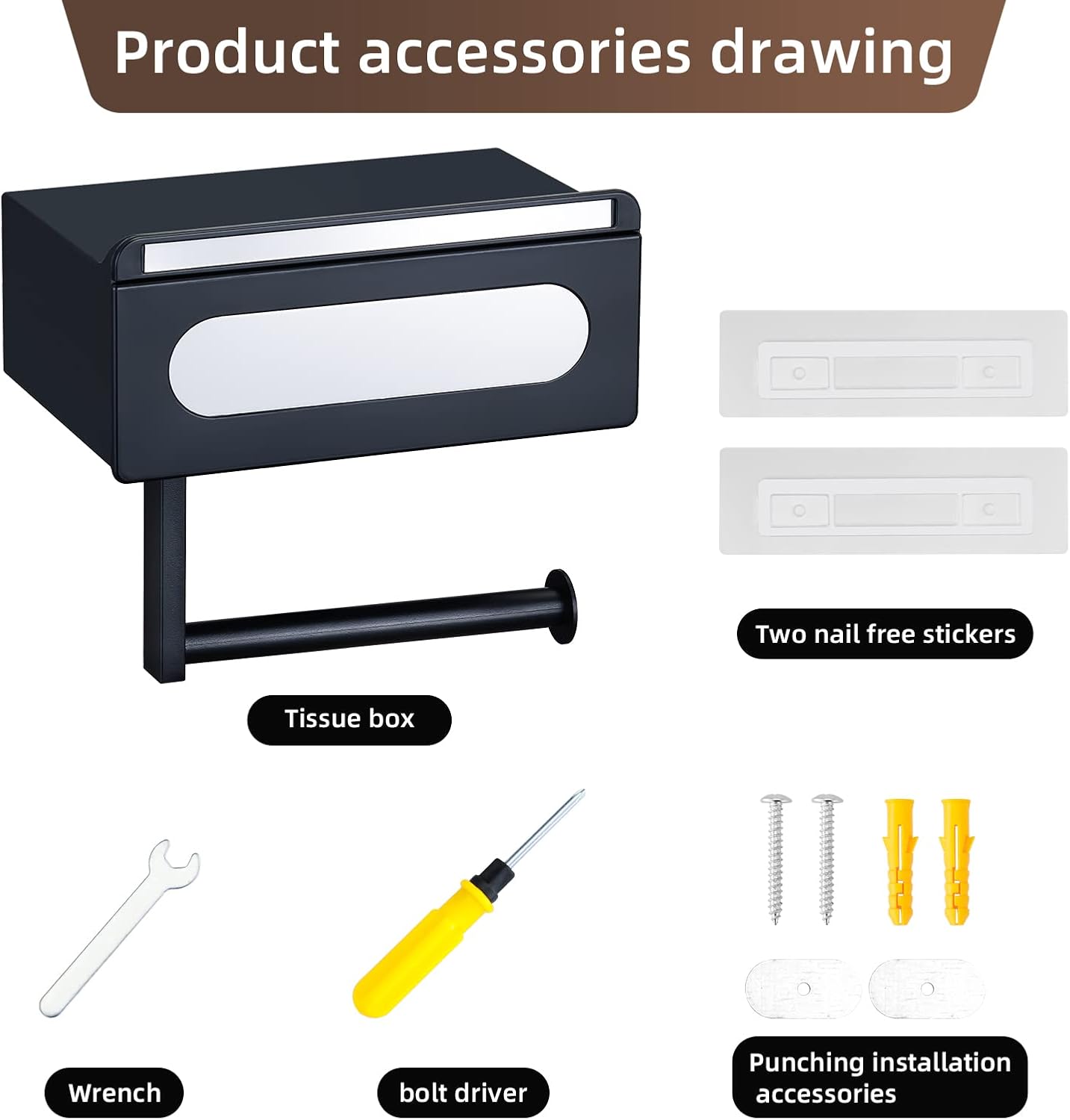 Soporte de papel higiénico autoadhesivo negro mate, material ABS de alta calidad, soporte de papel higiénico de montaje en pared con estante y caja