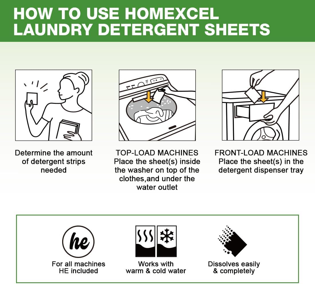HOMEXCEL Hojas de detergente para ropa, aroma fresco, ecológicas, 80 unidades, sin plástico, hipoalergénicas, bajas en espuma, fáciles de usar,