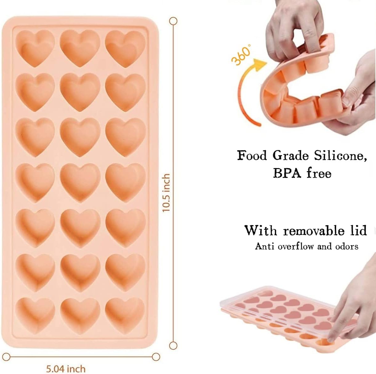 Bandejas para cubitos de hielo en forma de corazón con tapa, bandeja de silicona para cubitos de hielo con forma de corazón de 21 agujeros con tapa,