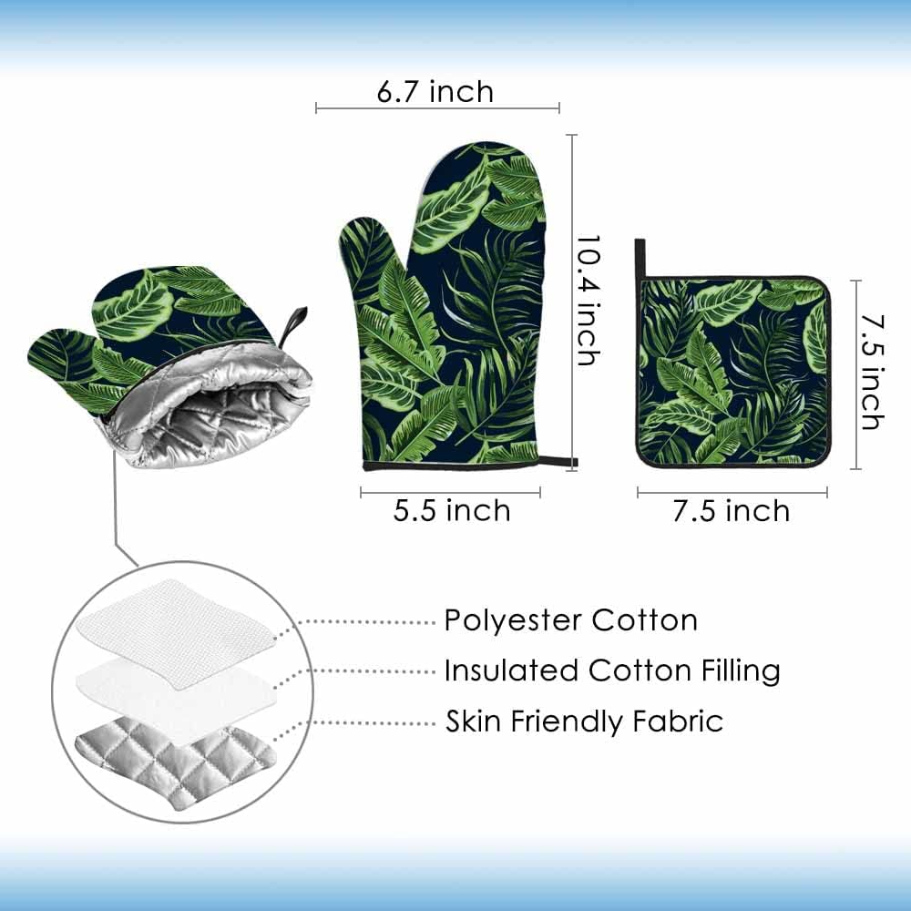 Juego de manoplas de horno y soportes para ollas de hojas verdes, palmeras tropicales, exóticas, resistentes al calor, 3 piezas para cocinar,
