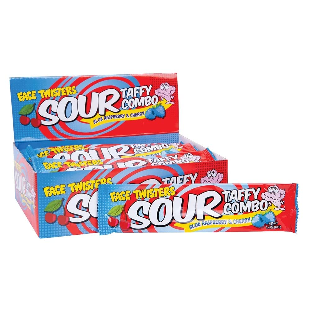 Face Twisters Sour Taffy Combo Blue Raspberry & Cherry Barra de 1.4 oz – Caja de 24