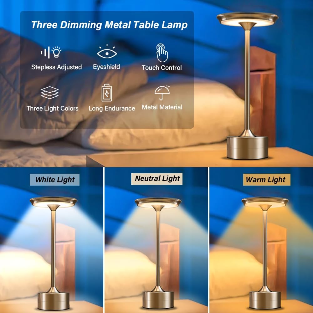Lámpara de escritorio de metal inalámbrica, lámpara de mesa LED con sensor táctil, lámpara de 3 colores regulable con pilas, luz nocturna para