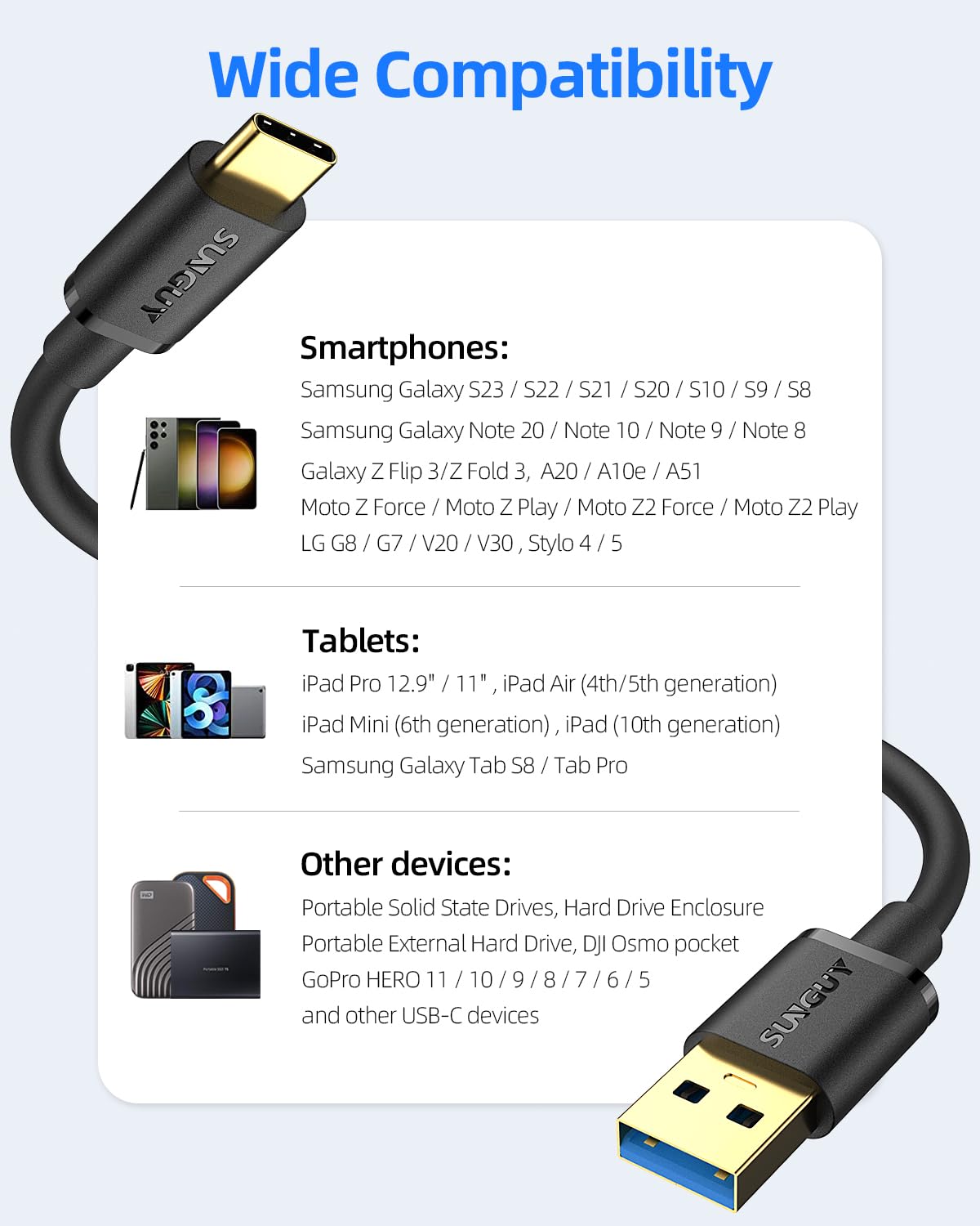SUNGUY Cable USB C Android Auto de 1.5 pies, transferencia de datos USB C 3.1 Gen 2 de 10 Gbps, cable USB A a USB C CarPlay de carga rápida de 3 A,