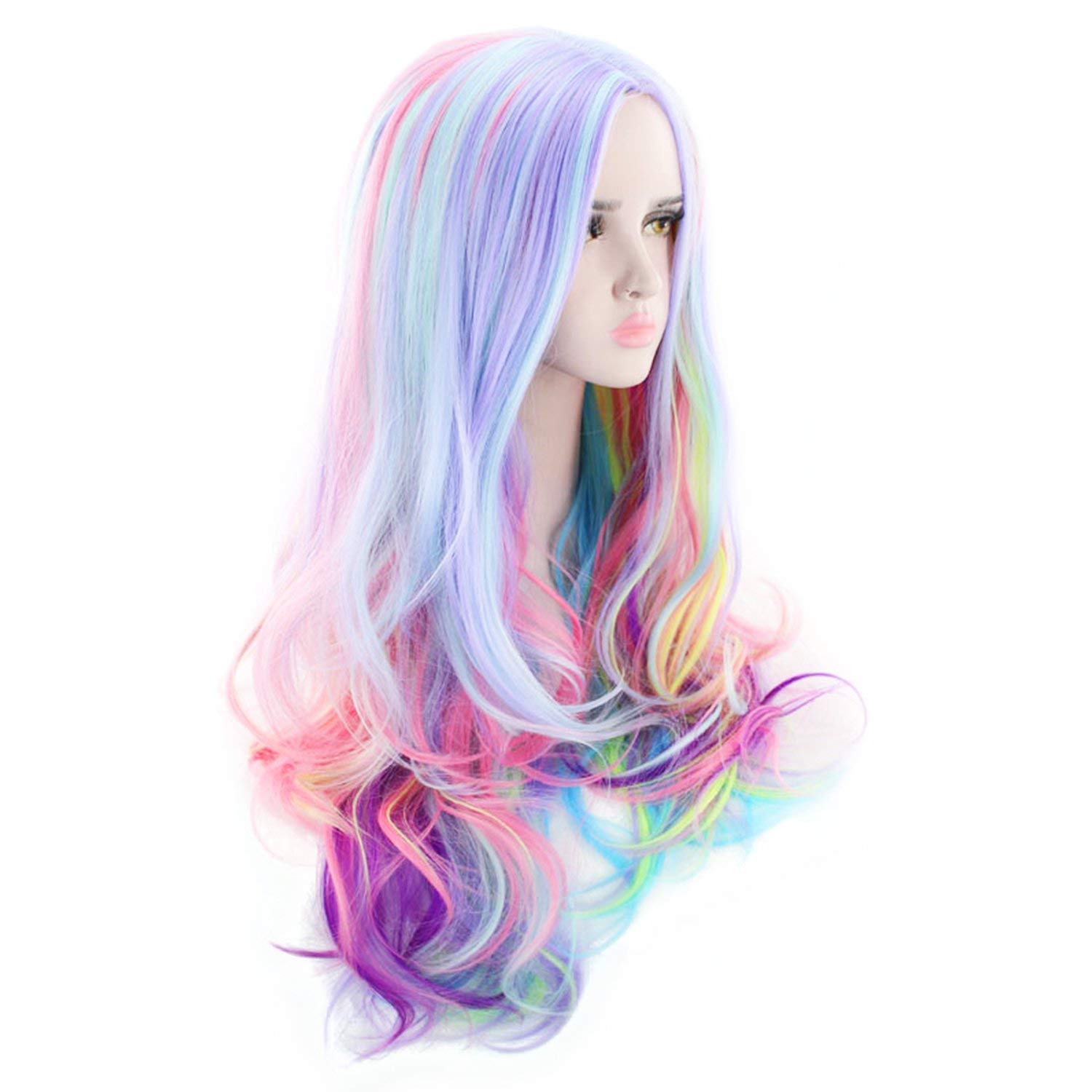 PATTNIUM Peluca larga ondulada colorida de 27 pulgadas para mujeres y niñas, peluca de arco iris pastel, resistente al calor, peluca de cabello