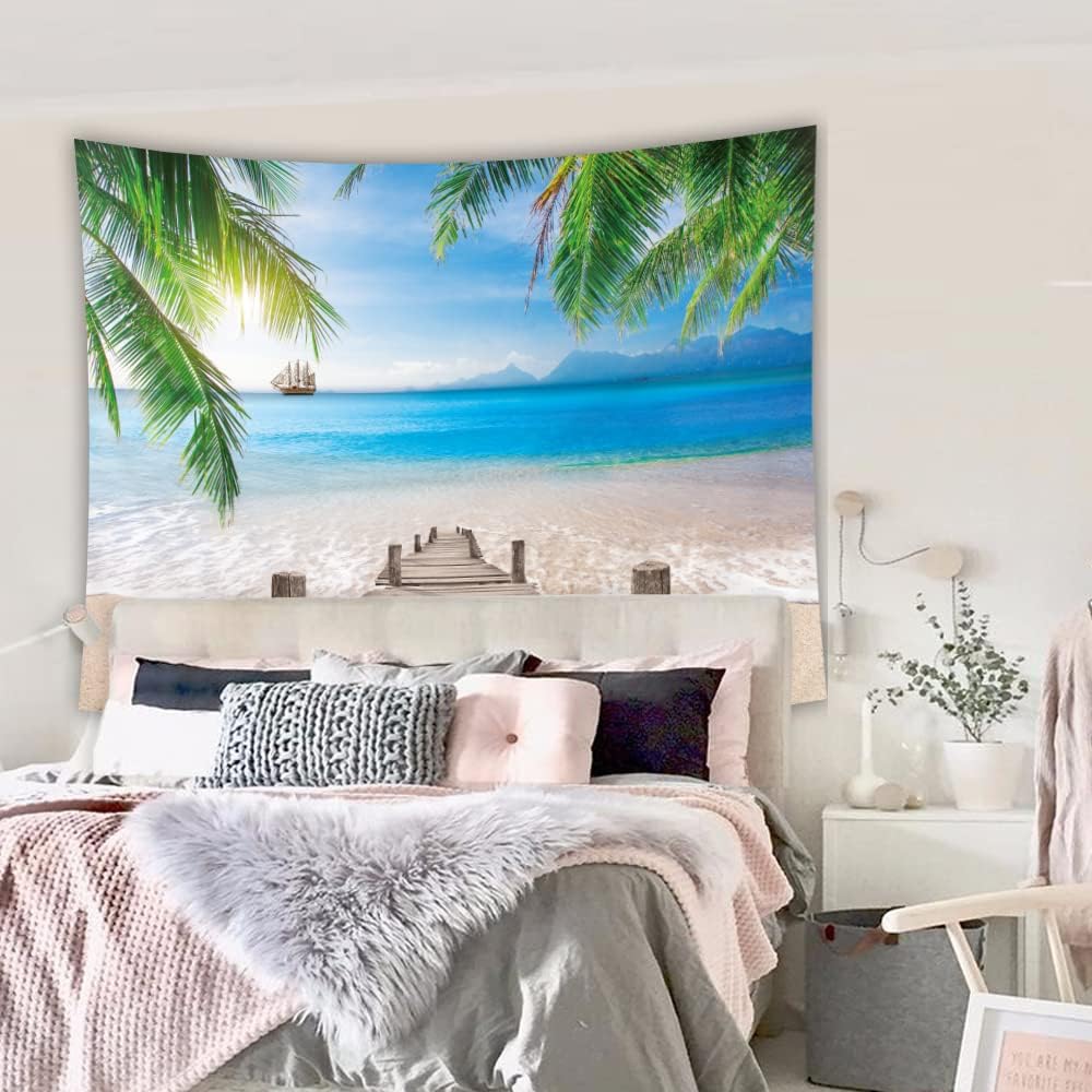 Riyidecor Tapiz de verano para playa, playa, océano, ola, palmera, paisaje, vacaciones, naturaleza, cielo azul, paisaje costero, para colgar en la