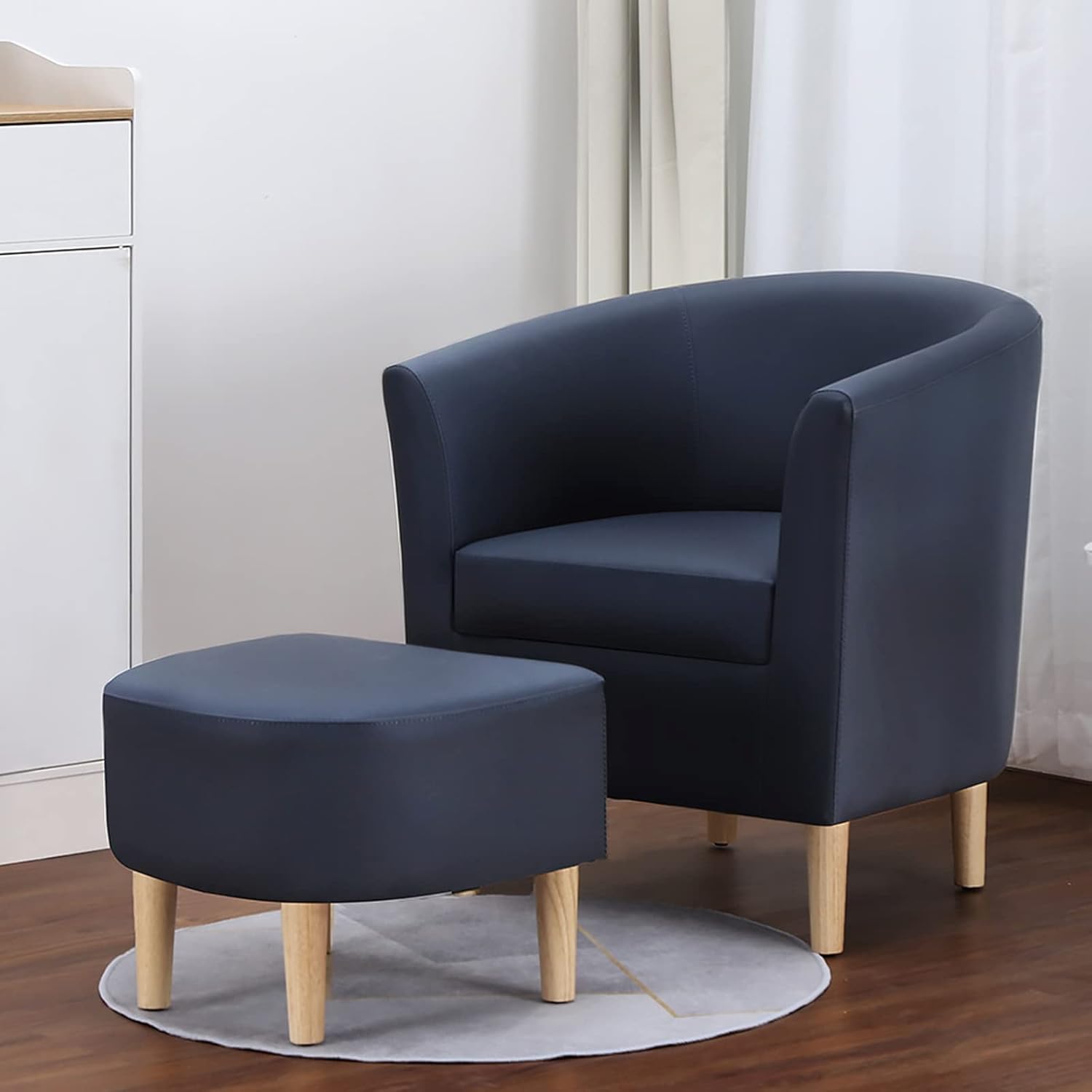 Silla de cuero, silla decorativa moderna de mediados de siglo con barril sintético otomano, cómodo sillón tapizado para bañera de club, brazos