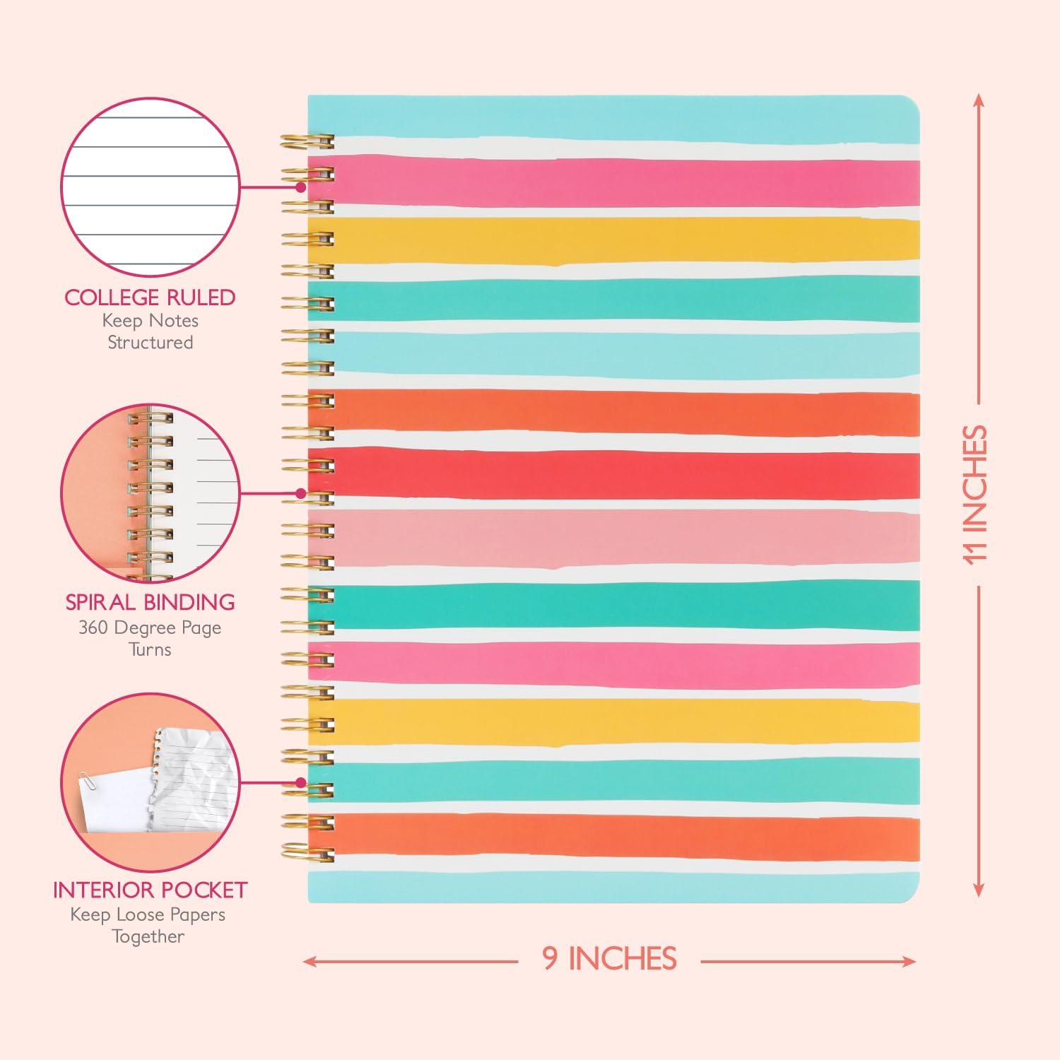 Sweetzer & Orange S&O – Lindos cuadernos en espiral con rayas universitarias con bolsillos, cuaderno de tapa dura para mujer, bonitos cuadernos para