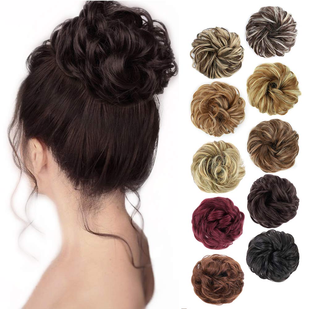 MORICA – Extensión de cabello sintético en forma de moño ondulado, recogido y alborotado con liga para mujeres, 1 unidad (1-6#, castaño oscuro)