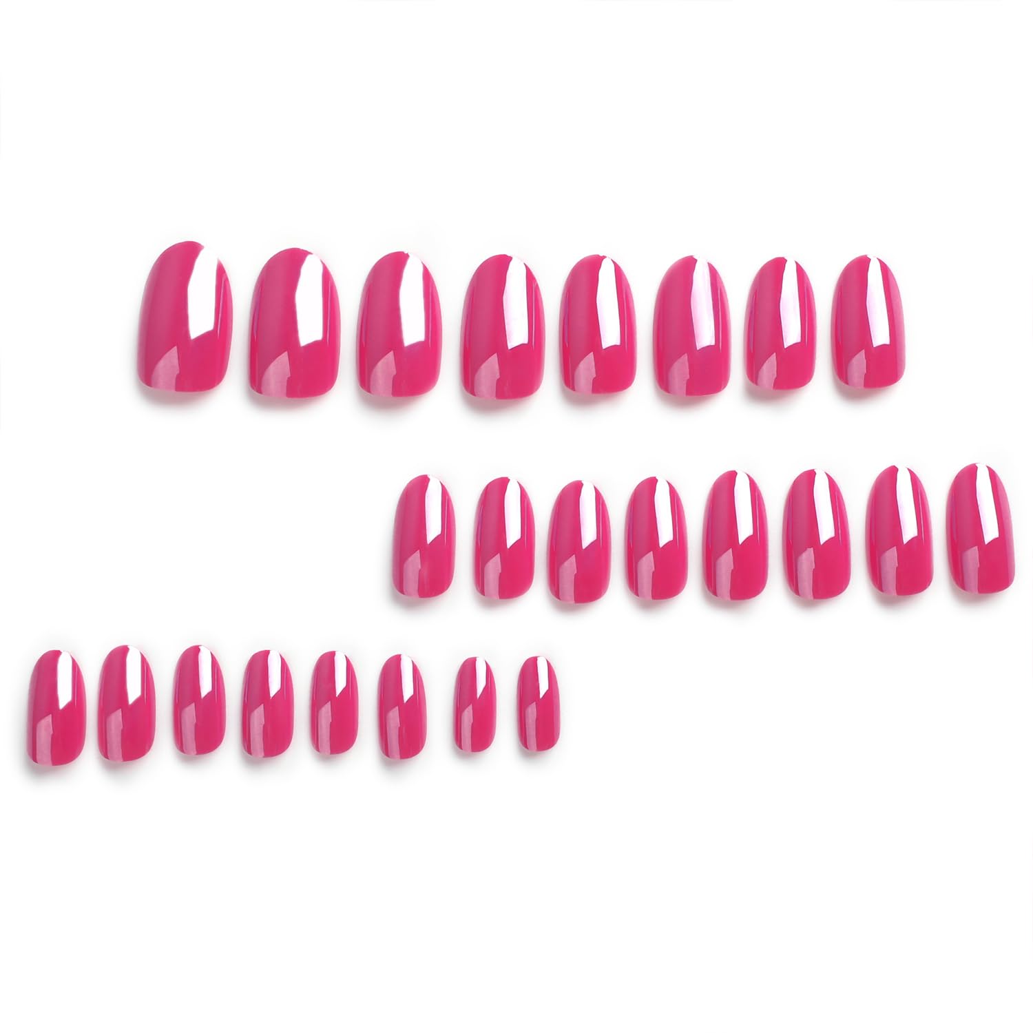 Uñas postizas a presión de color rosa láser, uñas postizas ovaladas medianas de color sólido brillante, uñas postizas reutilizables, uñas postizas