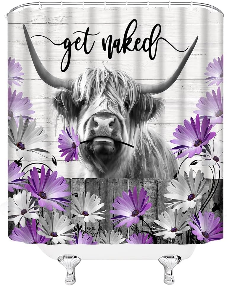 Highland – Cortina de ducha de vaca rústica, animal de granja, ganado, morado, floral, margarita, flores, tablero de madera, cortina retro gris para