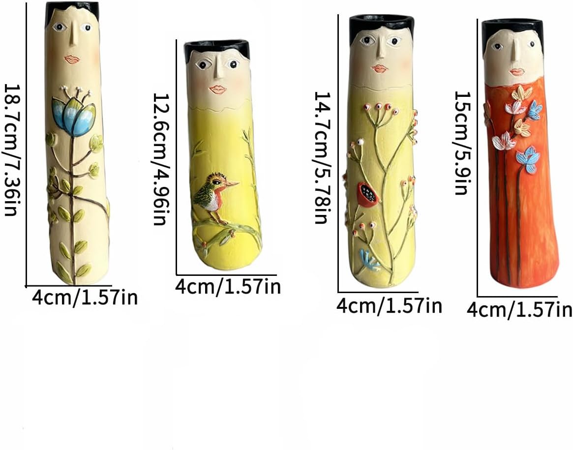 Floreros familiares de primavera, florero familiar bohemio de resina, bonito jarrón pintado a mano para niñas, bonito jarrón de personaje a mano,
