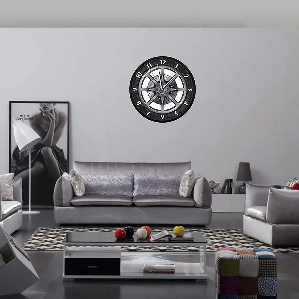 Reloj de pared de metal con forma de neumático de automóvil, diseño moderno, silencioso, sin tictac, funciona con pilas, para sala de estar y