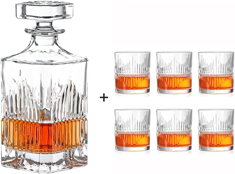 Decantador de vino y whisky de 7 piezas de cristal hecho a mano italiana con 6 vasos de licor, whisky escocés y bourbon para hombre