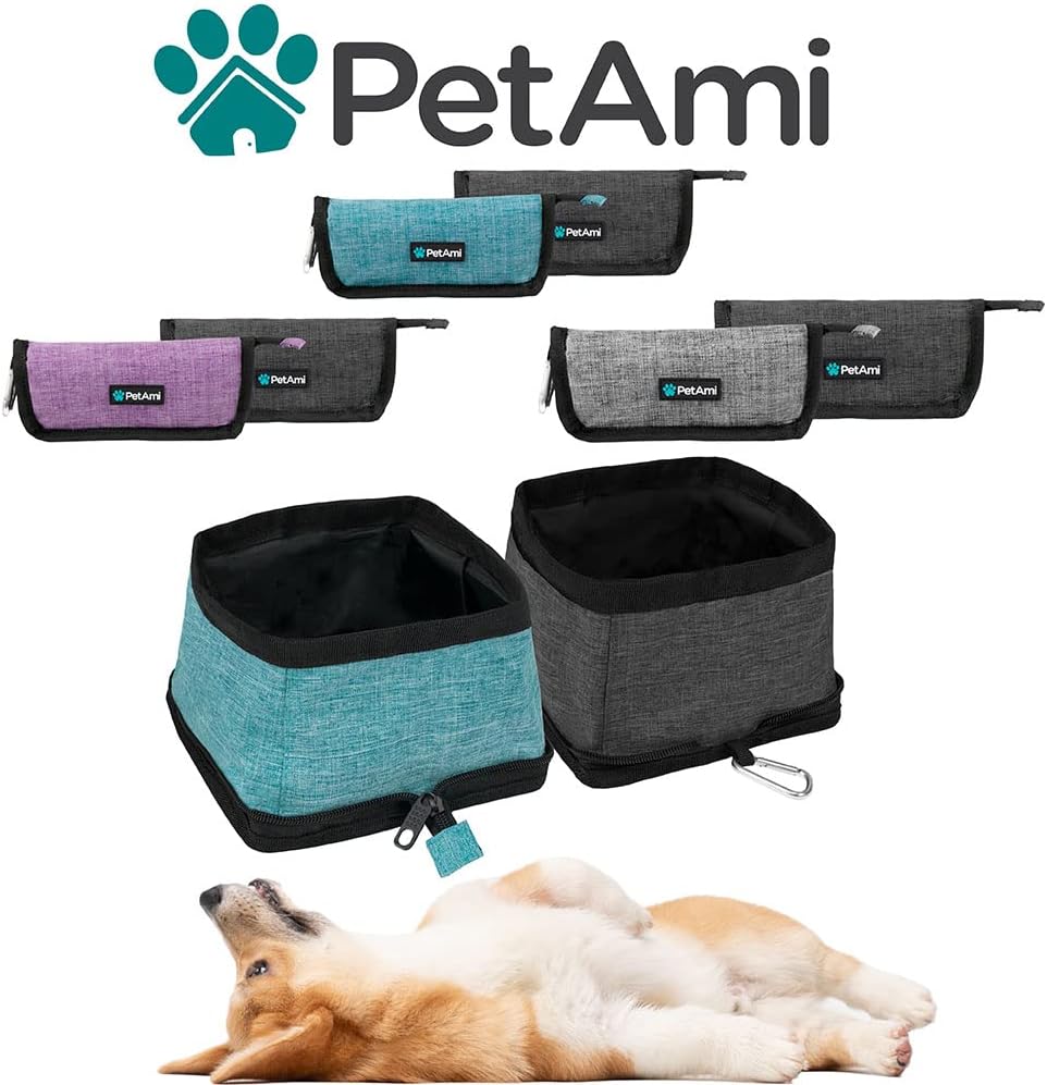 PetAmi Paquete de 2 cuencos plegables para perros, juego de tazones de comida y agua, plato portátil para mascotas sin derrames, cuencos plegables