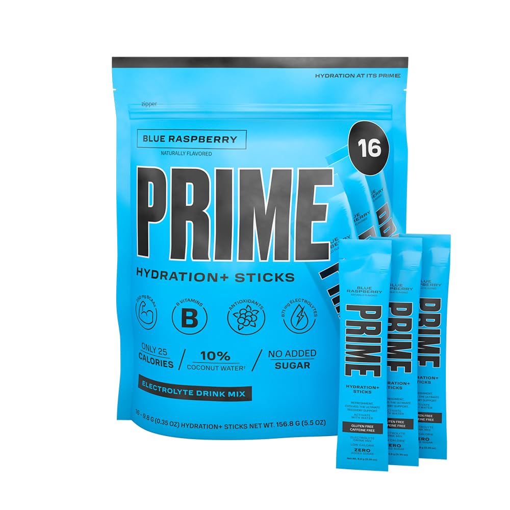 PRIME HYDRATION + Sticks Blue Raspberry  Palitos de hidratación en polvo de una sola porción  Polvo de electrolitos sobre la marcha  250 mg de BCAA,