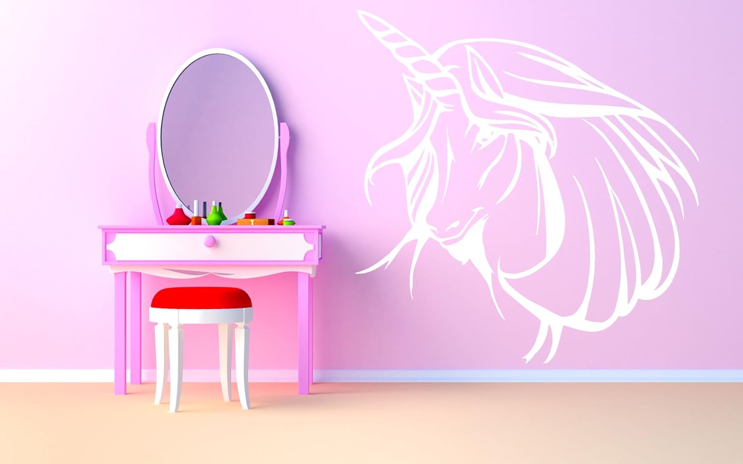 Decoración de la habitación Pared Vinilo calcomanía Mural cabeza de unicornio caballo Horn Magic cuento las niñas recámara Guardería as169