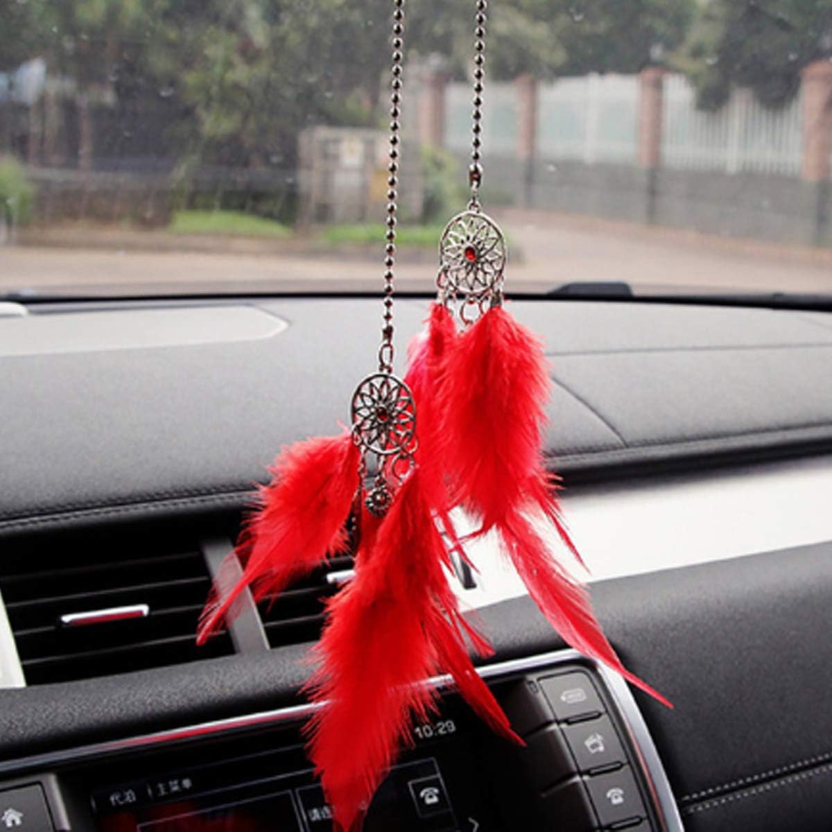 Colgante de espejo retrovisor para automóvil, atrapasueños de plumas, dije de cristal, accesorios decorativos para automóvil para mujer (rojo)