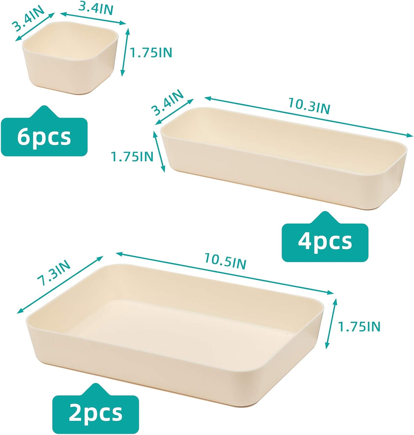 Backerysupply Juego de 12 organizadores de cajones de escritorio de plástico de color beige para maquillaje, baño, oficina, cocina, cajón, caja de