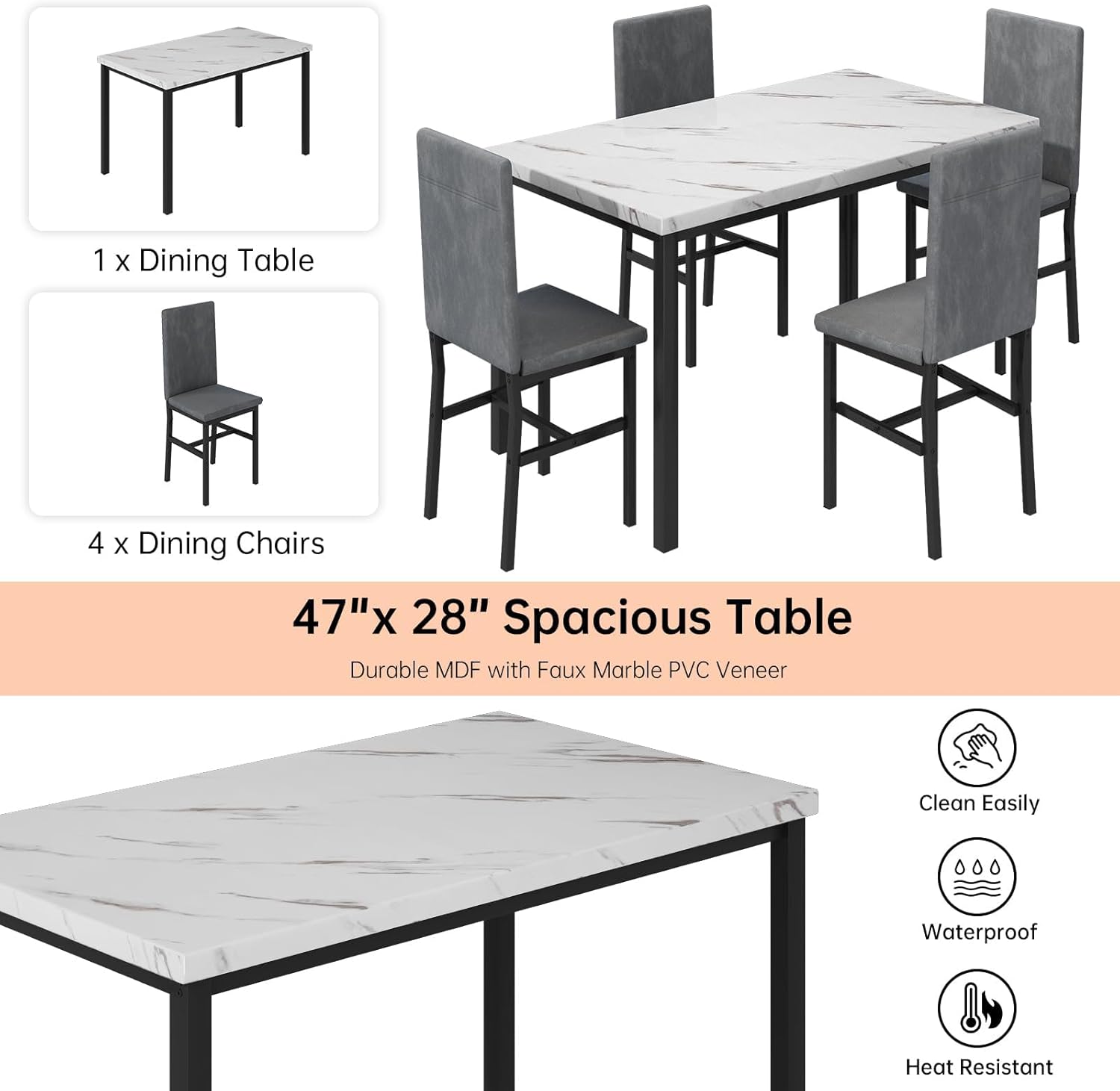 Hooseng Juego de 4 mesas de comedor para 4, juego de 4 mesas y sillas de cocina modernas, juego de mesa de comedor de 5 piezas que ahorran espacio